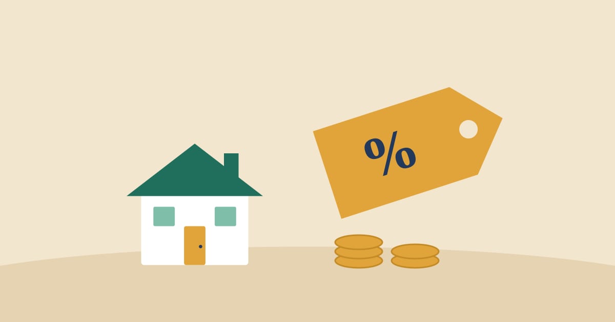 Illustration: a percent price tag and coins next to a house
