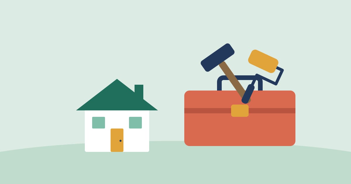 Illustration: a toolbox, hammer and paint roller next to a house