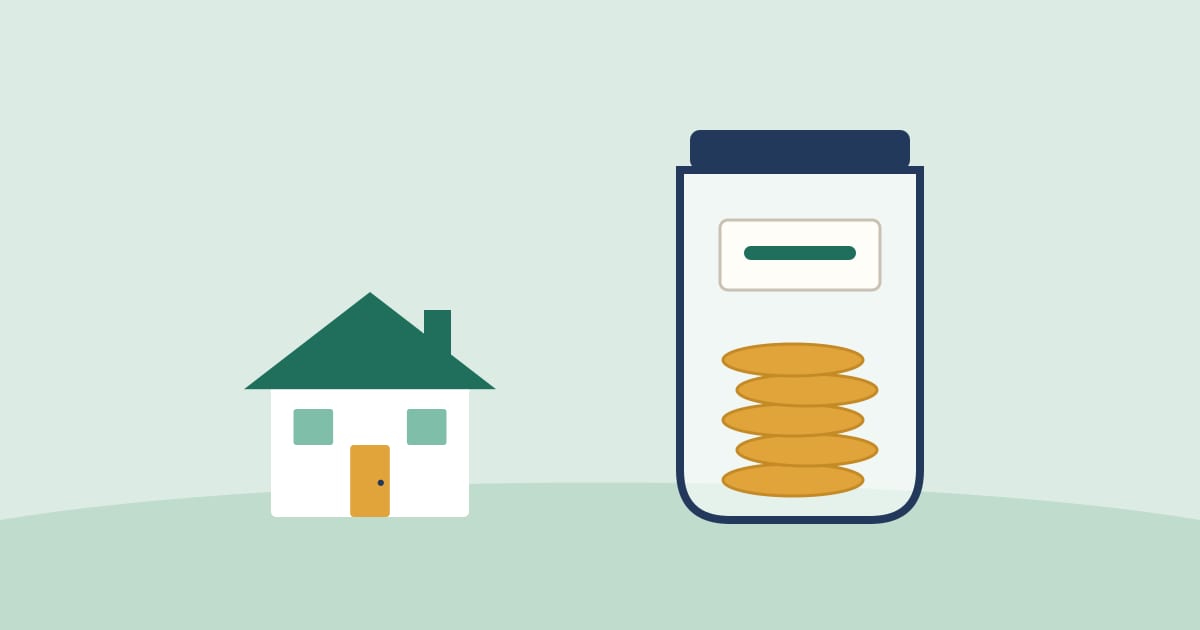Illustration: a labeled jar filled with coins next to a house