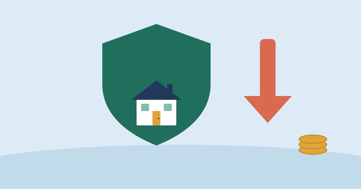 Illustration: a house inside a shield with a downward arrow and coins