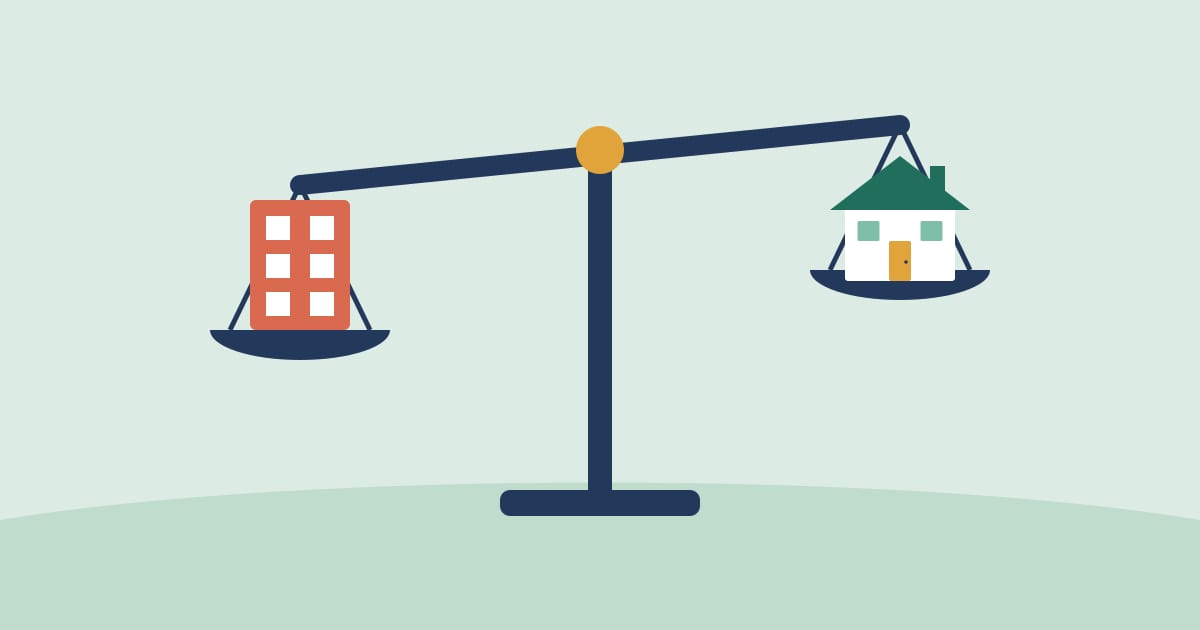 Illustration: a balance scale weighing an apartment building against a house